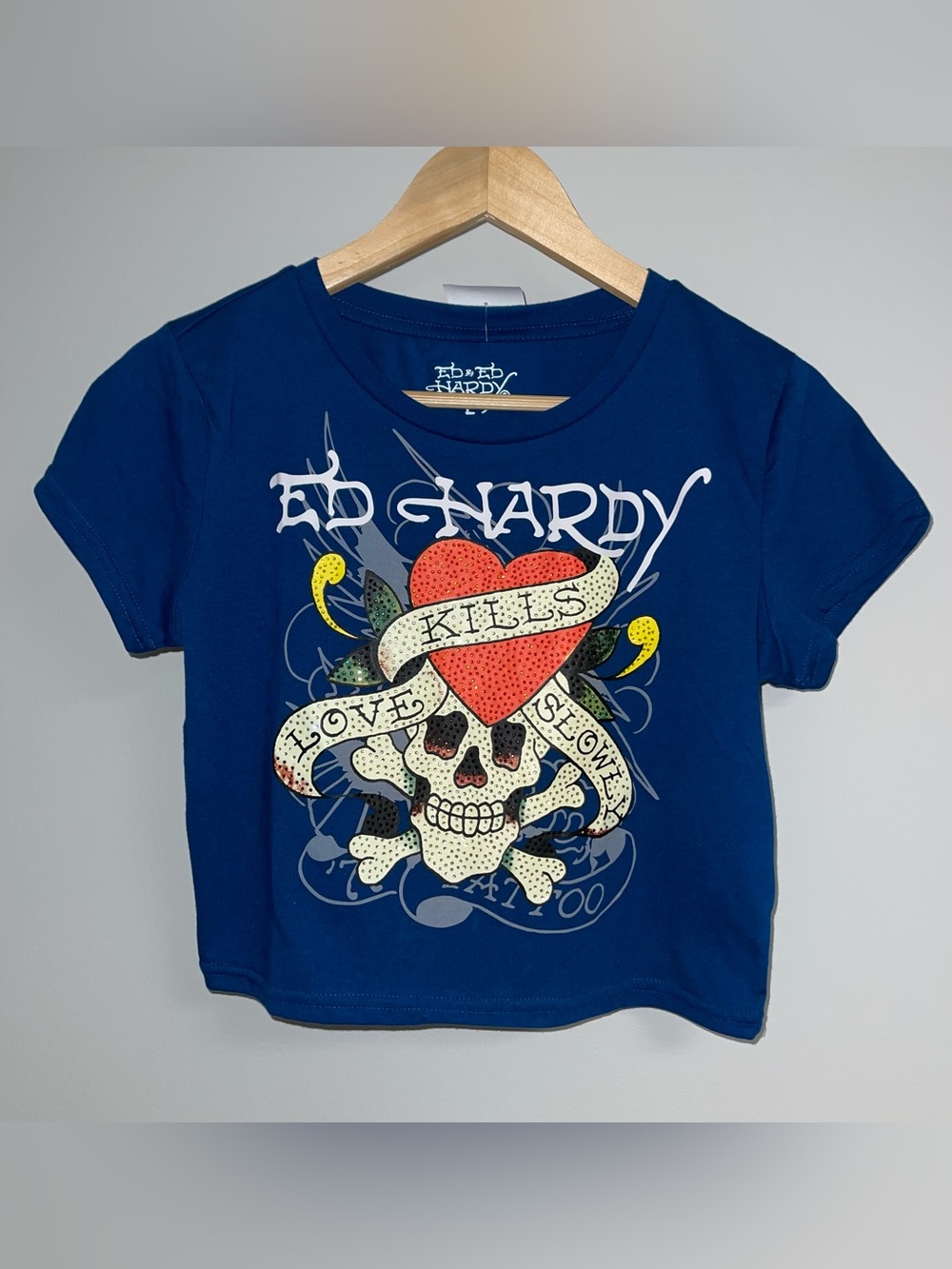 NWT ED HARDY Crop Top Women's M L Tee Heart Skull Love Kills Navy Blue Gem Shirt